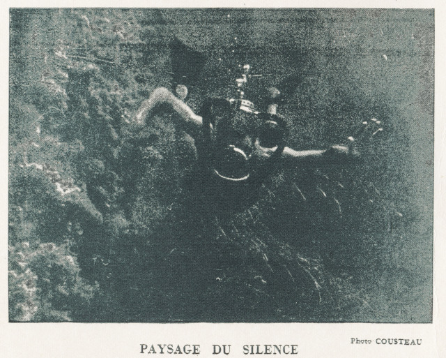 Image du film "Paysage du silence" de Jacques-Yves Cousteau 1947, retravaille par Bernard Laire  partir du document d'poque ci dessous